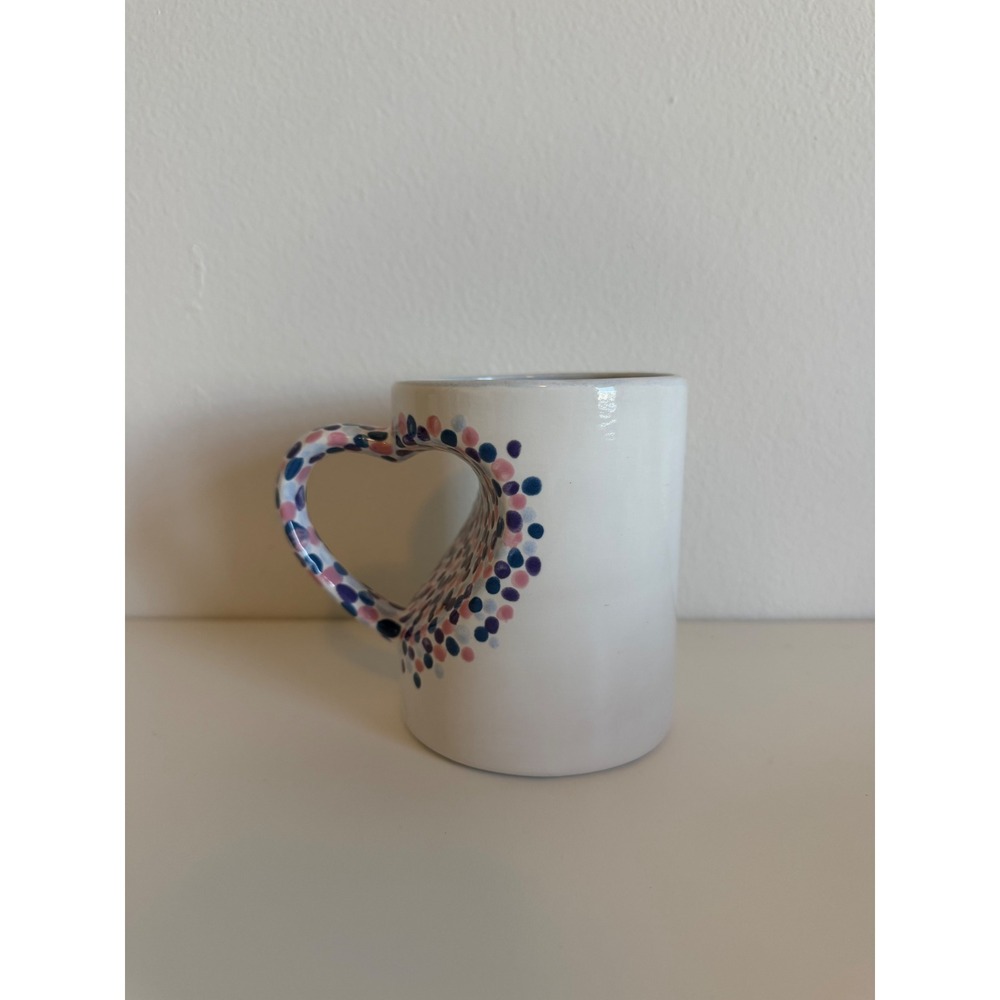 Handmade Ceramic Heart Handle Mug Polka Dot Painted White Blue Pink Coffee Cup